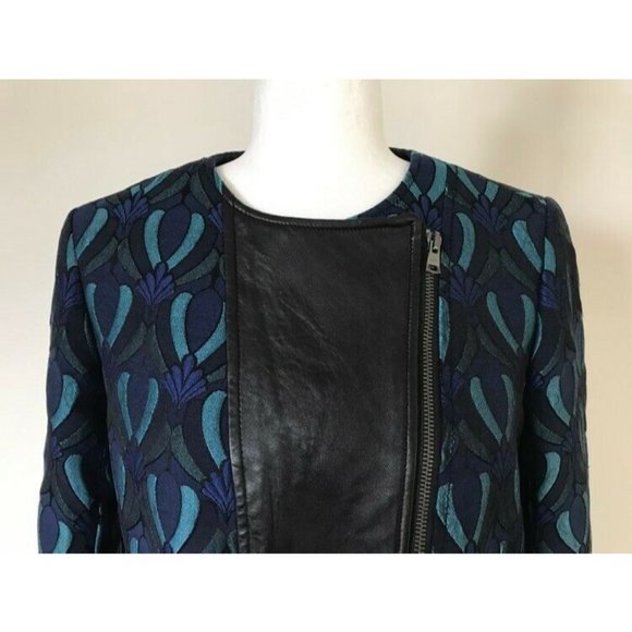CLUB MONACO Moto Jacket Size 2 Lambskin Leather Detail Blue Jacquard Brocade - Picture 2 of 10